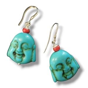 Laughing Budda turquoise magnesite Coral drop earrings Sterling Silver 925'🕉